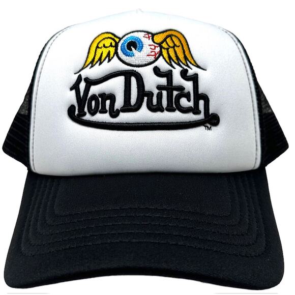 Von Dutch Trucker Hat White Black Flying Eyeball Wordmark Embroidered Cap - Picture 1 of 7